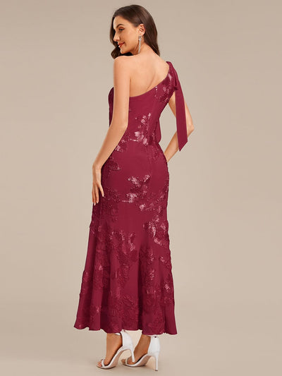 Flowing Ribbons Mesh Sleeveless Evening Dress #color_Burgundy