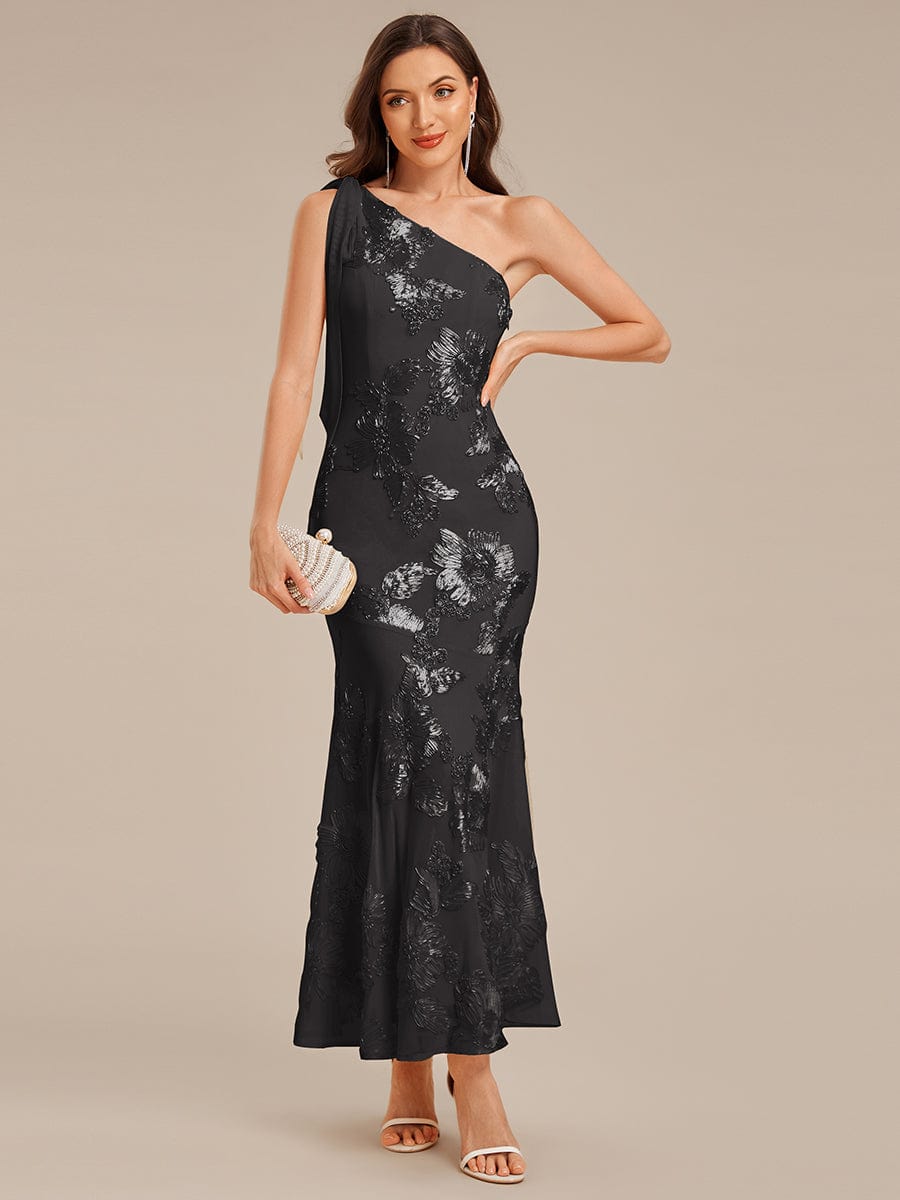 Flowing Ribbons Mesh Sleeveless Evening Dress #color_Black