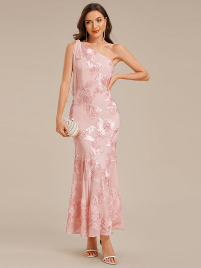 Flowing Ribbons Mesh Sleeveless Evening Dress #color_Pink
