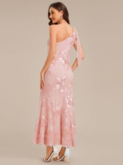 Flowing Ribbons Mesh Sleeveless Evening Dress #color_Pink