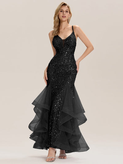 Tie-Front Sequin Sleeveless Evening Dress #color_Black