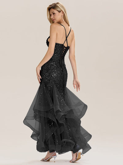Tie-Front Sequin Sleeveless Evening Dress #color_Black