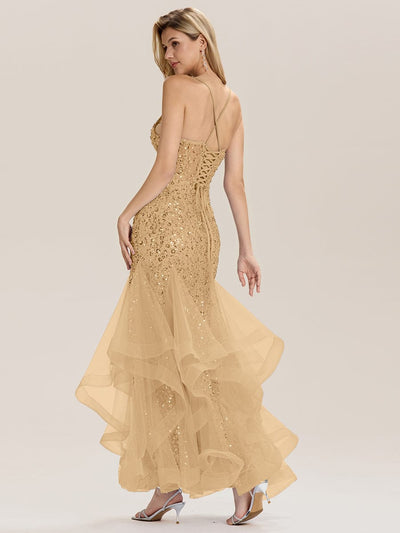 Tie-Front Sequin Sleeveless Evening Dress #color_Gold