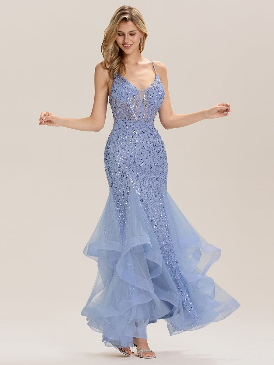 Tie-Front Sequin Sleeveless Evening Dress #color_Light Blue