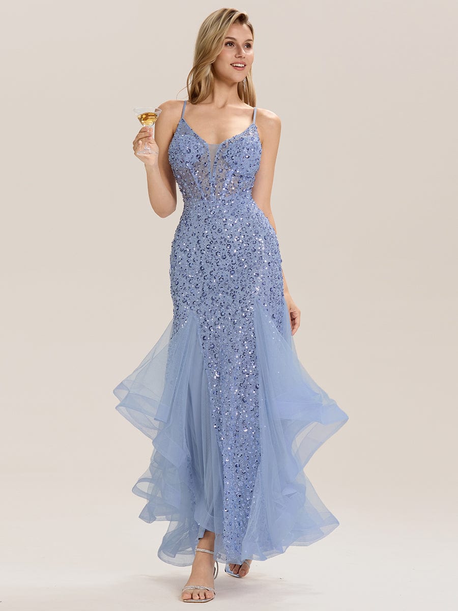 Tie-Front Sequin Sleeveless Evening Dress #color_Light Blue
