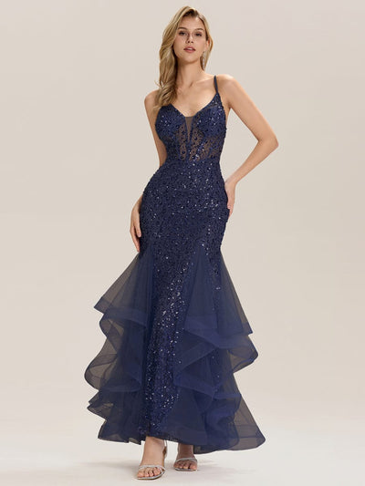 Tie-Front Sequin Sleeveless Evening Dress #color_Navy Blue