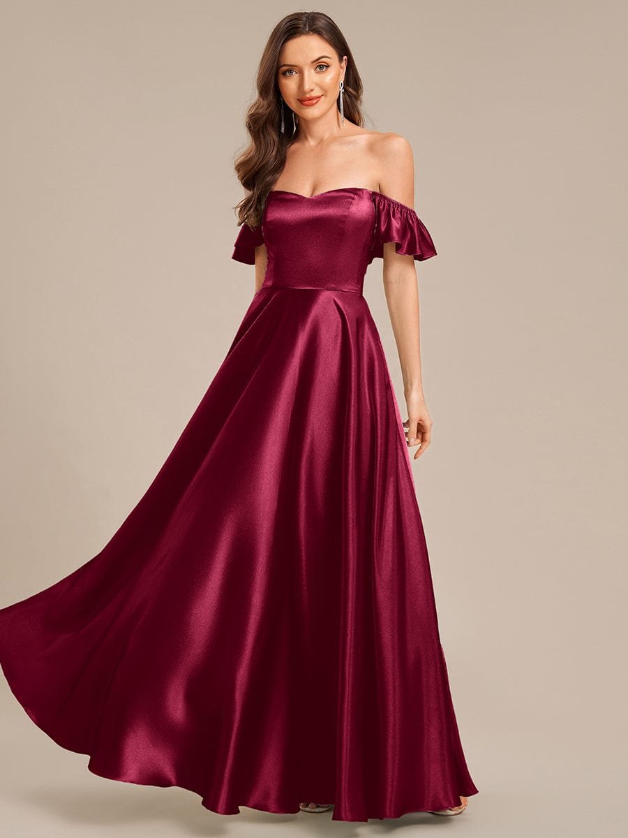 Tie-Front Satin Ruffle Sleeve Evening Dress #color_Burgundy