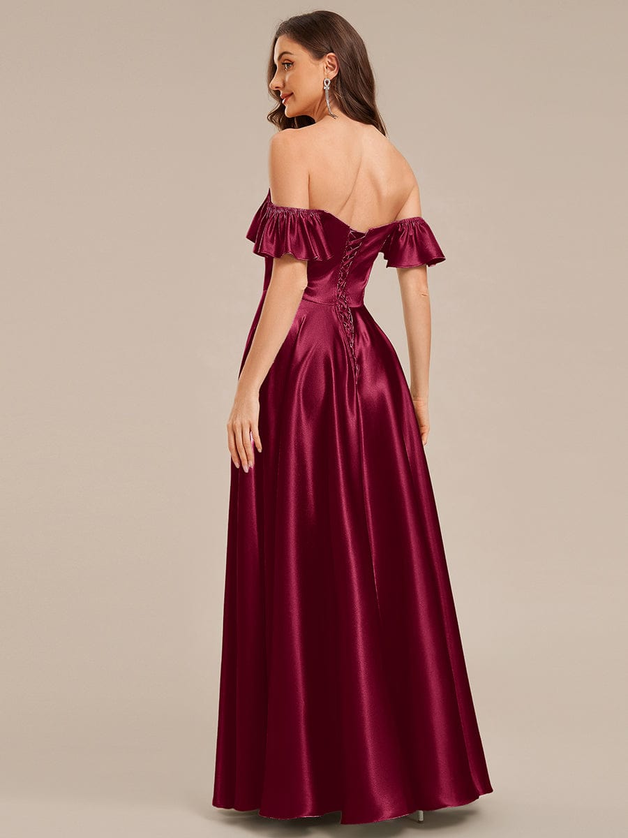 Tie-Front Satin Ruffle Sleeve Evening Dress #color_Burgundy