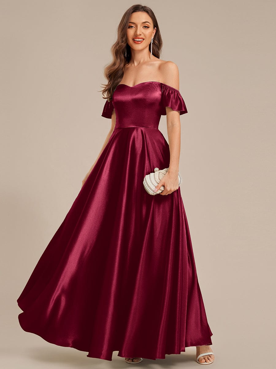 Tie-Front Satin Ruffle Sleeve Evening Dress #color_Burgundy