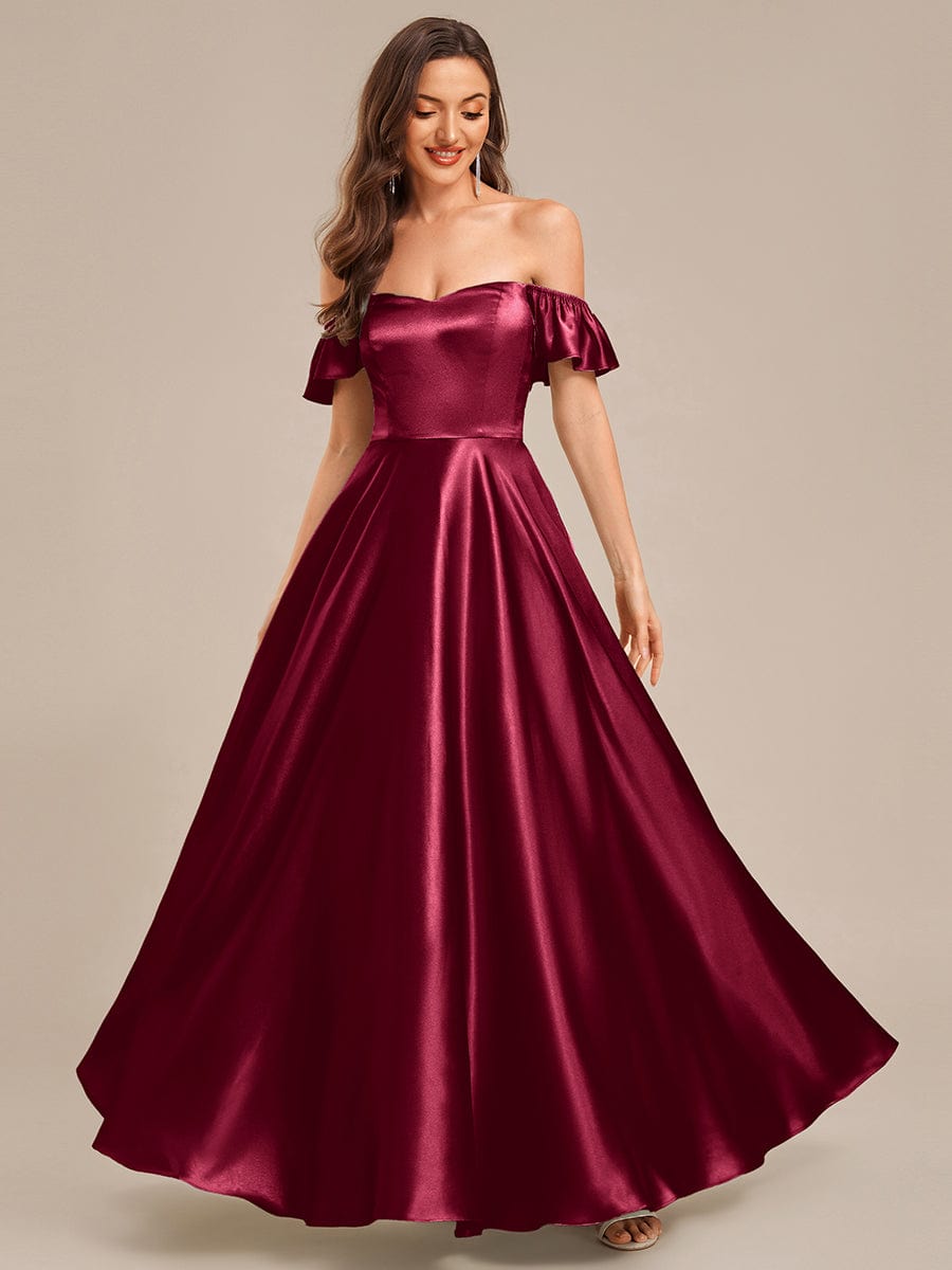 Tie-Front Satin Ruffle Sleeve Evening Dress #color_Burgundy