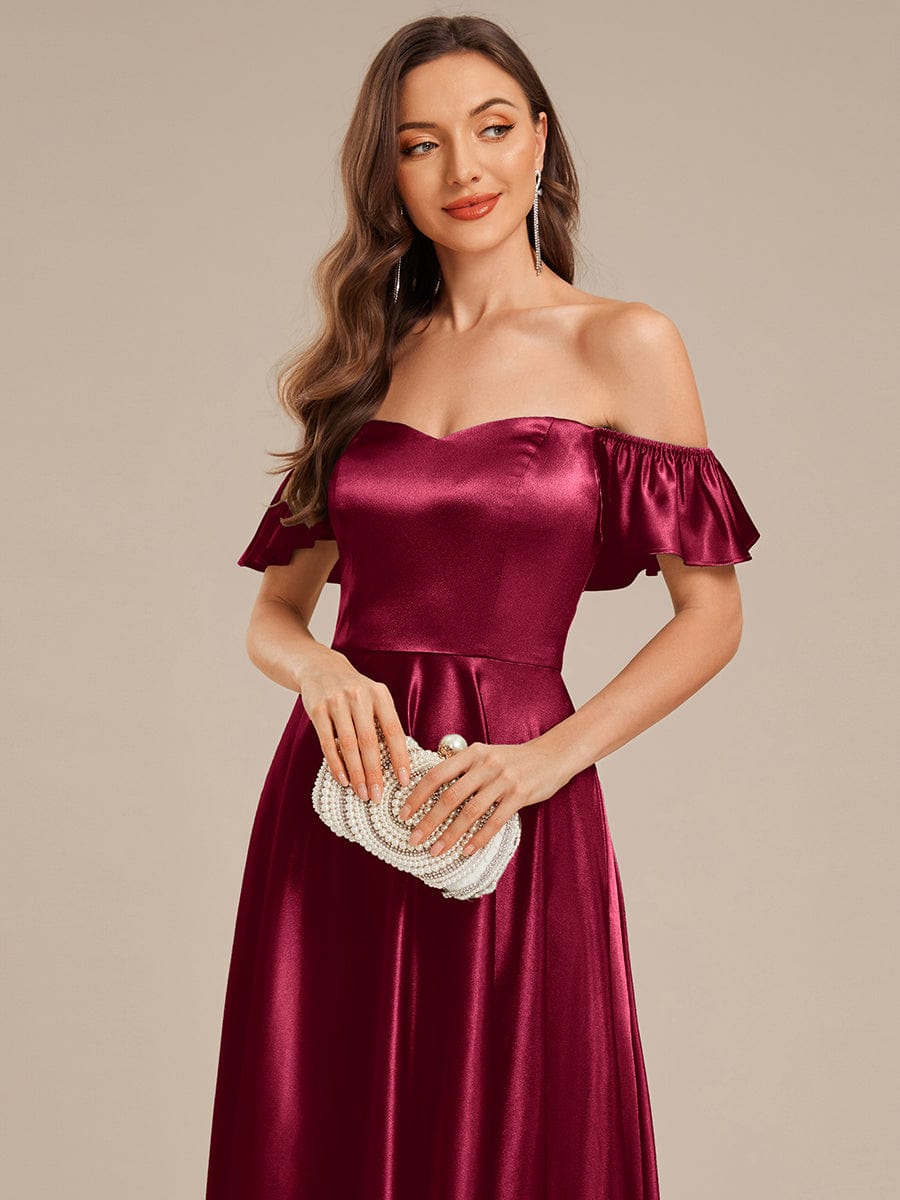 Tie-Front Satin Ruffle Sleeve Evening Dress #color_Burgundy