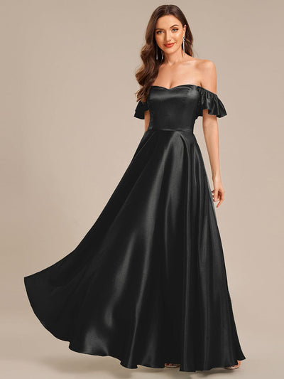 Tie-Front Satin Ruffle Sleeve Evening Dress #color_Black
