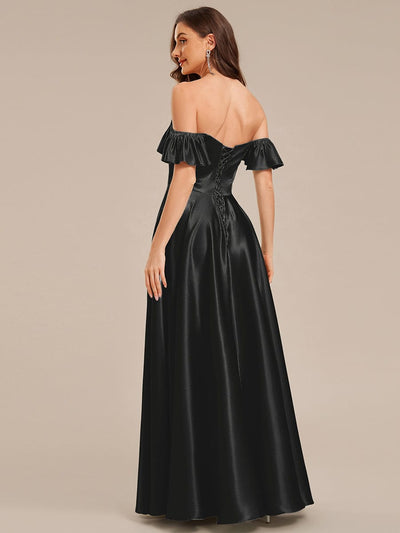 Tie-Front Satin Ruffle Sleeve Evening Dress #color_Black