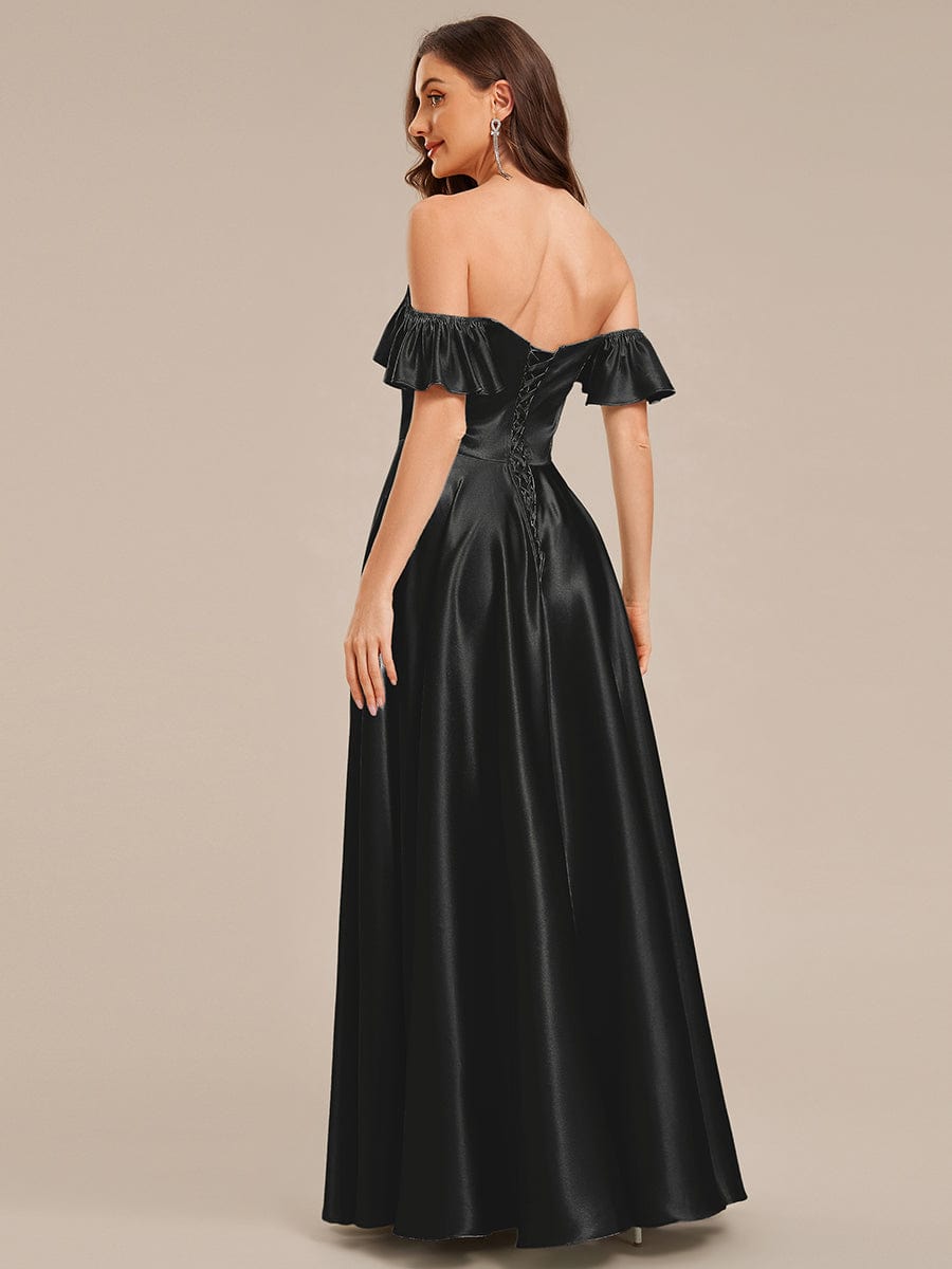 Tie-Front Satin Ruffle Sleeve Evening Dress #color_Black