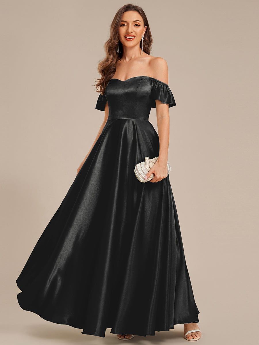 Tie-Front Satin Ruffle Sleeve Evening Dress #color_Black