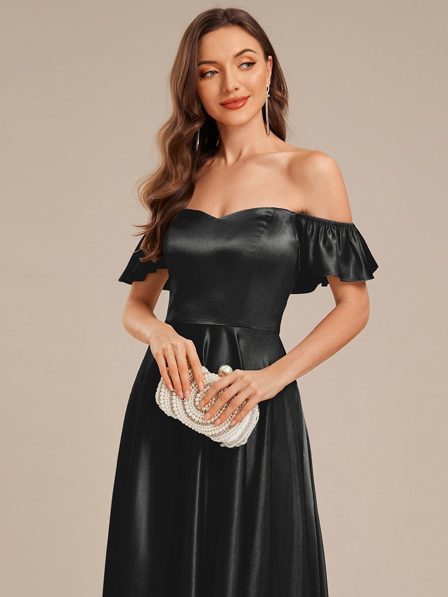 Tie-Front Satin Ruffle Sleeve Evening Dress #color_Black