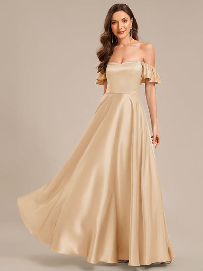 Tie-Front Satin Ruffle Sleeve Evening Dress #color_Champagne
