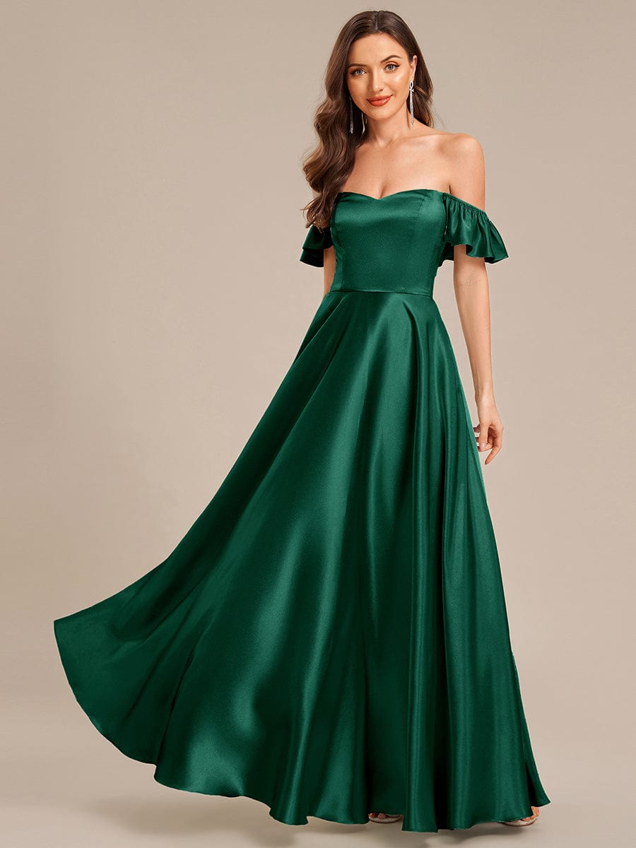 Tie-Front Satin Ruffle Sleeve Evening Dress #color_Dark Green
