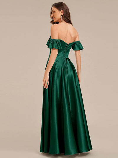 Tie-Front Satin Ruffle Sleeve Evening Dress #color_Dark Green