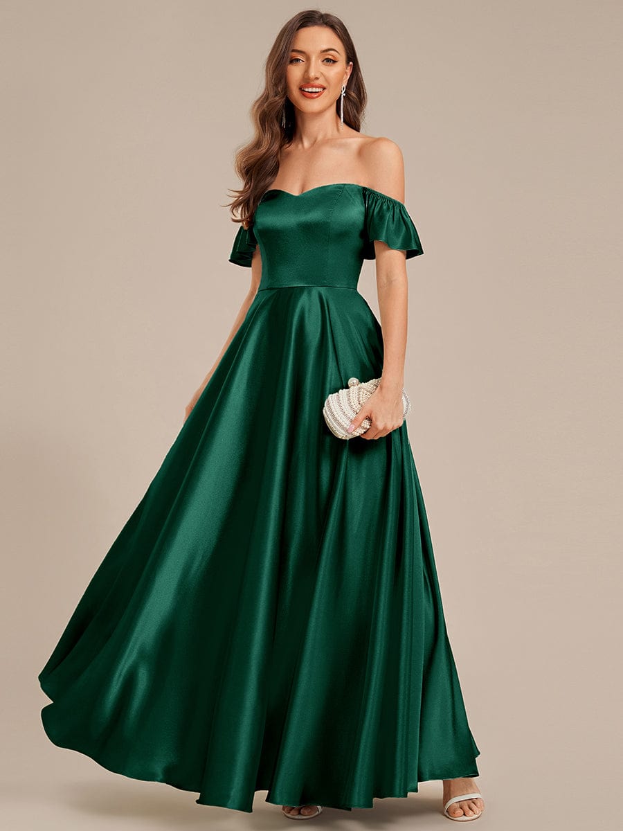 Tie-Front Satin Ruffle Sleeve Evening Dress #color_Dark Green