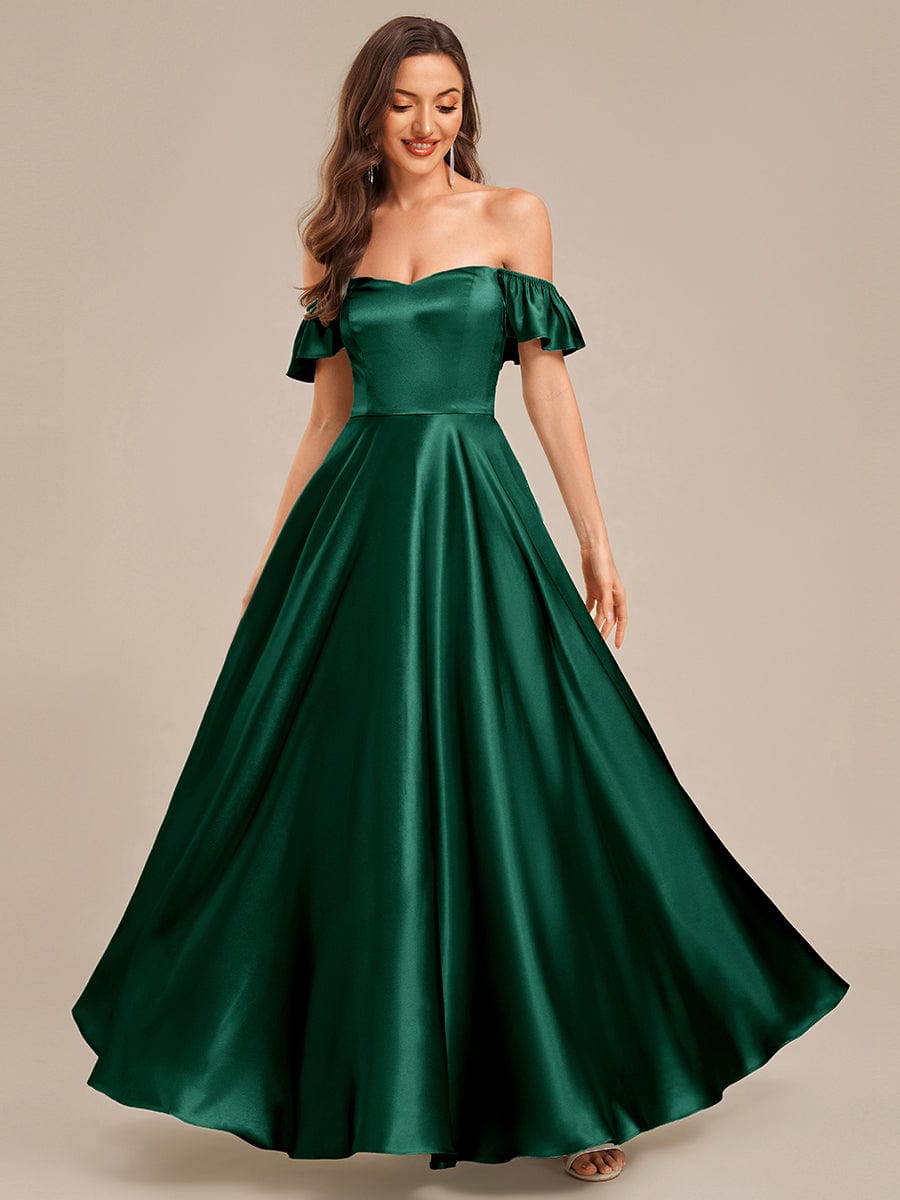 Tie-Front Satin Ruffle Sleeve Evening Dress #color_Dark Green