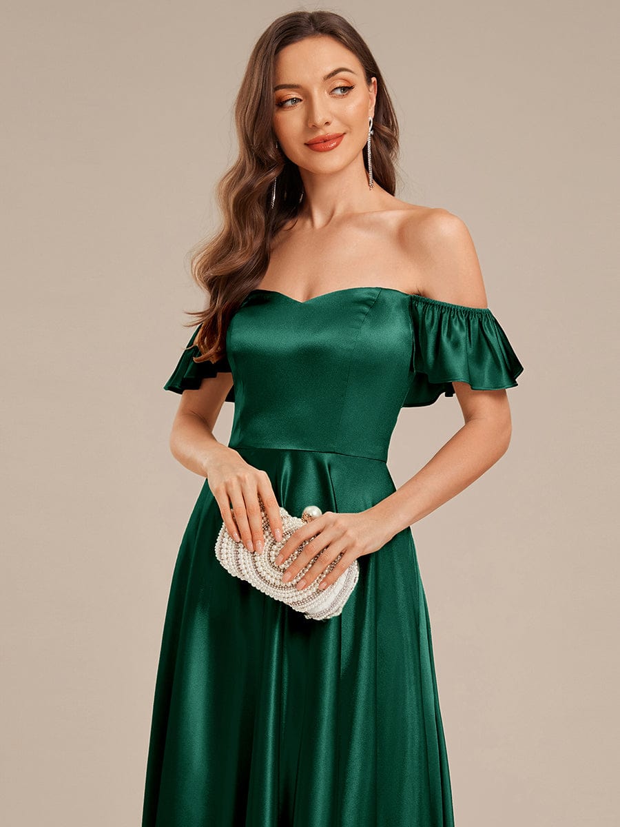 Tie-Front Satin Ruffle Sleeve Evening Dress #color_Dark Green