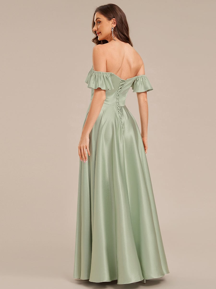 Tie-Front Satin Ruffle Sleeve Evening Dress #color_Mint Green