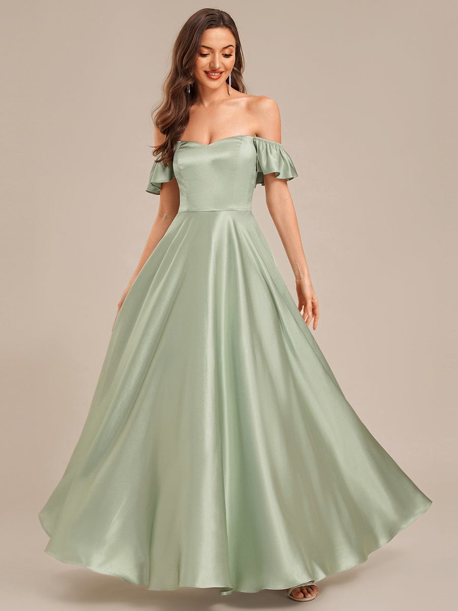 Tie-Front Satin Ruffle Sleeve Evening Dress #color_Mint Green