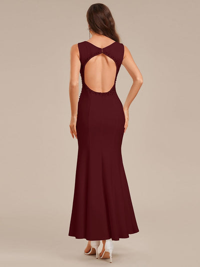 Rhinestone Embellished Knit Sleeveless Evening Dress #color_Burgundy
