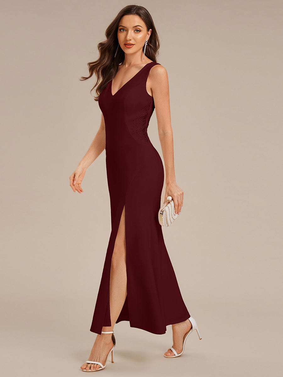 Rhinestone Embellished Knit Sleeveless Evening Dress #color_Burgundy