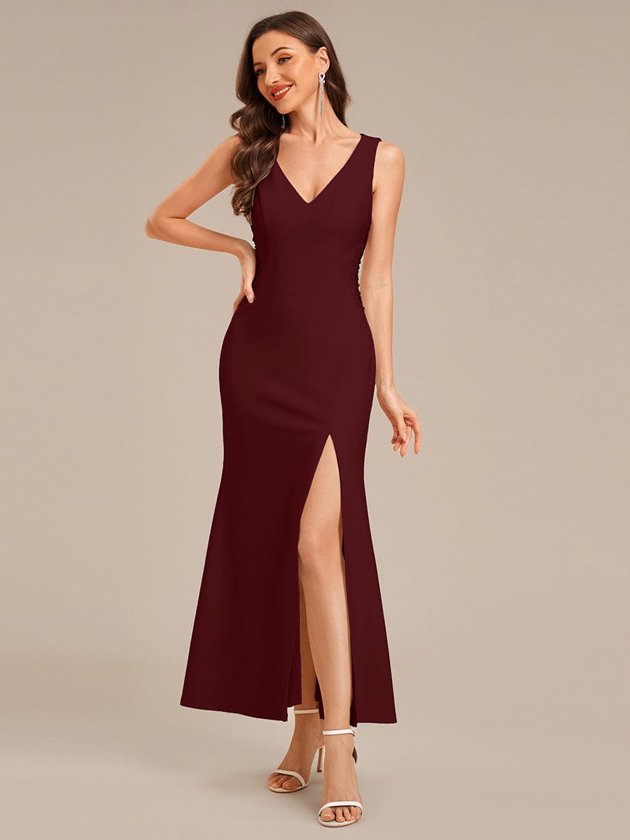 Rhinestone Embellished Knit Sleeveless Evening Dress #color_Burgundy