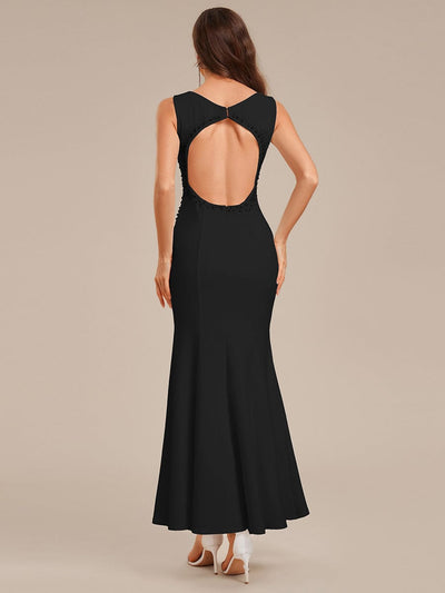 Rhinestone Embellished Knit Sleeveless Evening Dress #color_Black