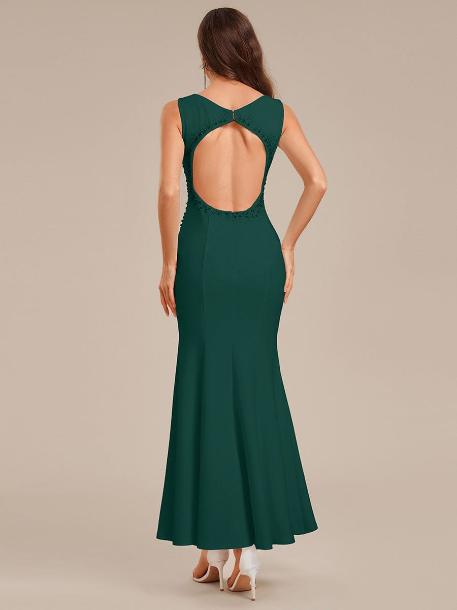 Rhinestone Embellished Knit Sleeveless Evening Dress #color_Dark Green