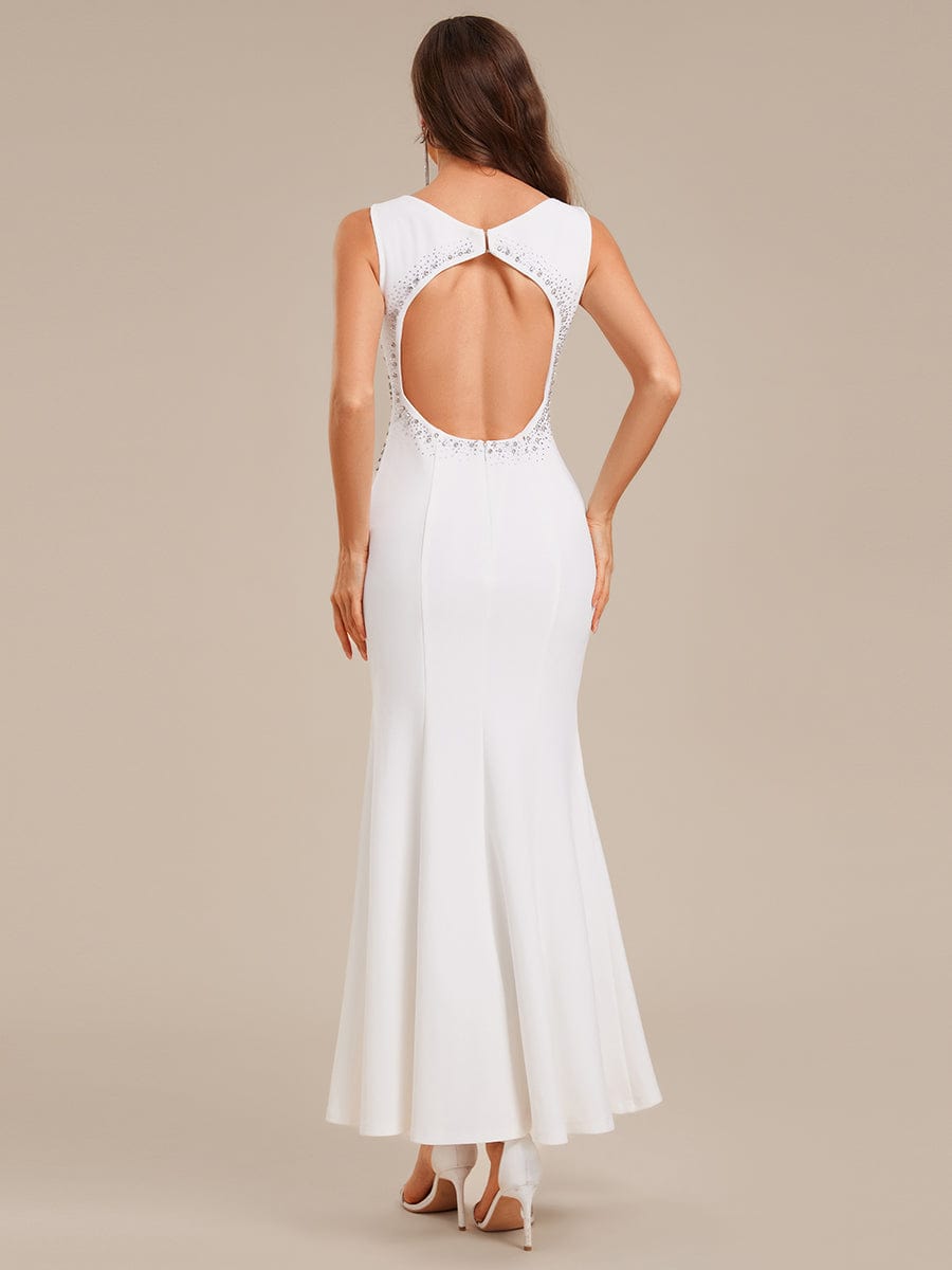 Rhinestone Embellished Knit Sleeveless Evening Dress #color_White