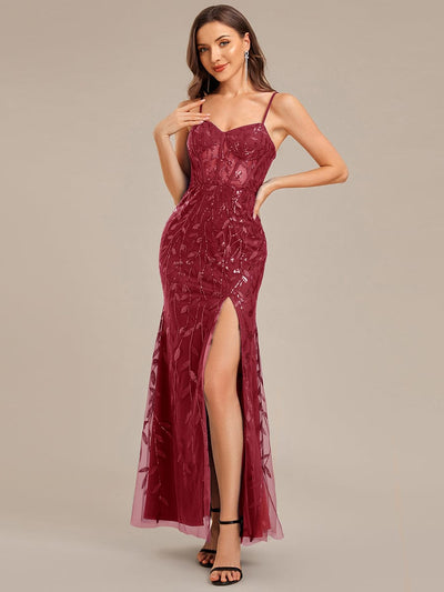 Thigh-High Slit Sequin Sleeveless Evening Dress #color_Burgundy
