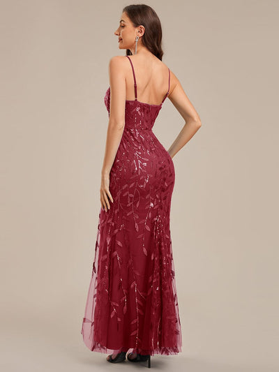 Thigh-High Slit Sequin Sleeveless Evening Dress #color_Burgundy