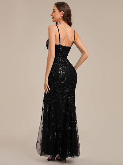 Thigh-High Slit Sequin Sleeveless Evening Dress #color_Black