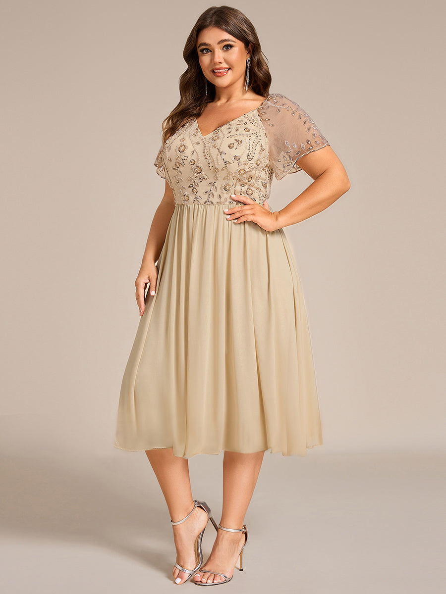 Embroidered Sequin Ruffle Sleeve Evening Dress #color_Champagne