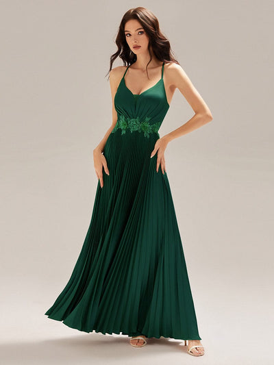 Applique Satin Sleeveless Evening Dress #color_Dark Green