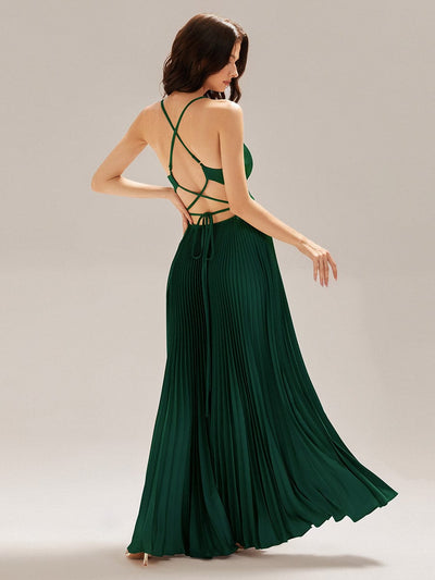 Applique Satin Sleeveless Evening Dress #color_Dark Green