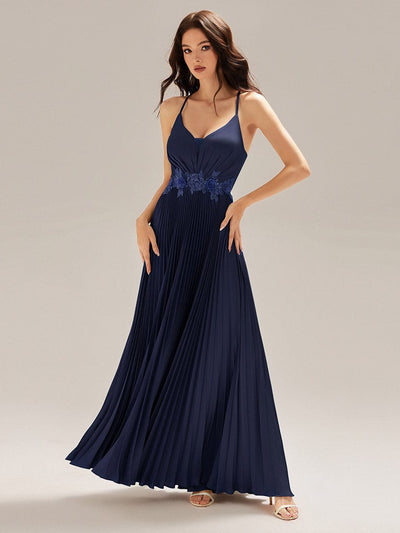 Applique Satin Sleeveless Evening Dress #color_Navy Blue