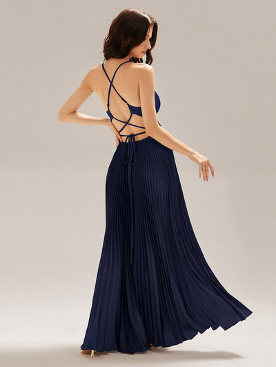Applique Satin Sleeveless Evening Dress #color_Navy Blue