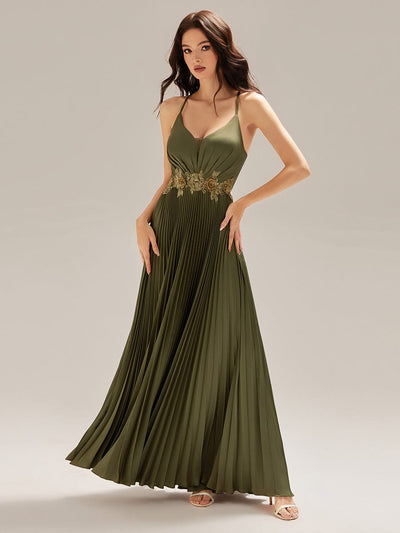 Applique Satin Sleeveless Evening Dress #color_Olive Green