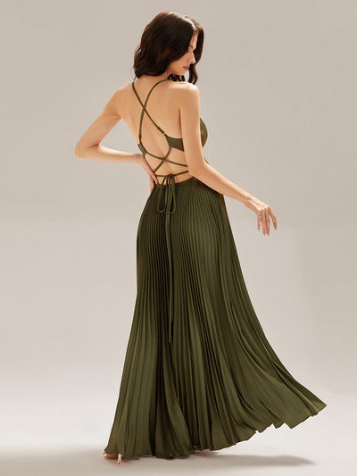 Applique Satin Sleeveless Evening Dress #color_Olive Green