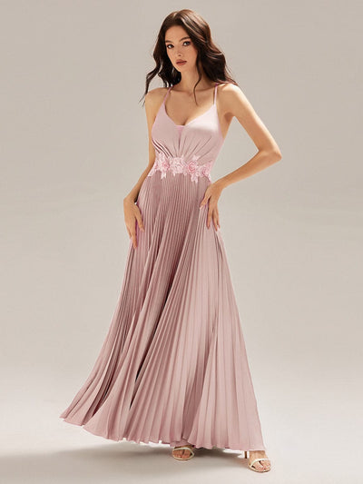 Applique Satin Sleeveless Evening Dress #color_Pink
