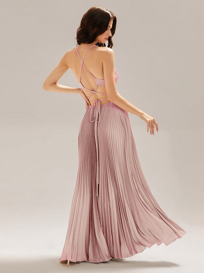 Applique Satin Sleeveless Evening Dress #color_Pink
