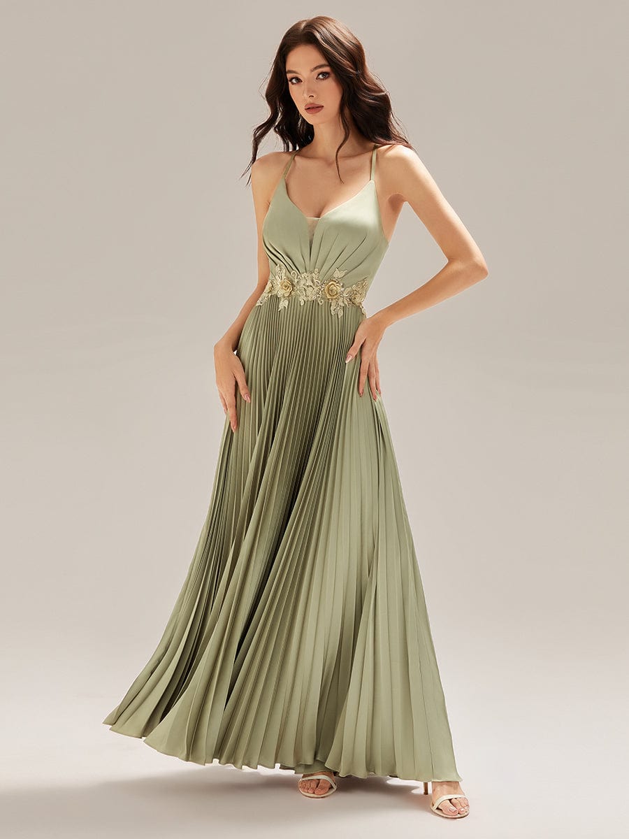 Applique Satin Sleeveless Evening Dress #color_Sage Green