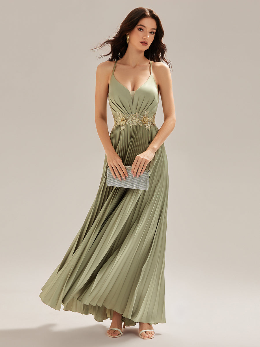 Applique Satin Sleeveless Evening Dress #color_Sage Green