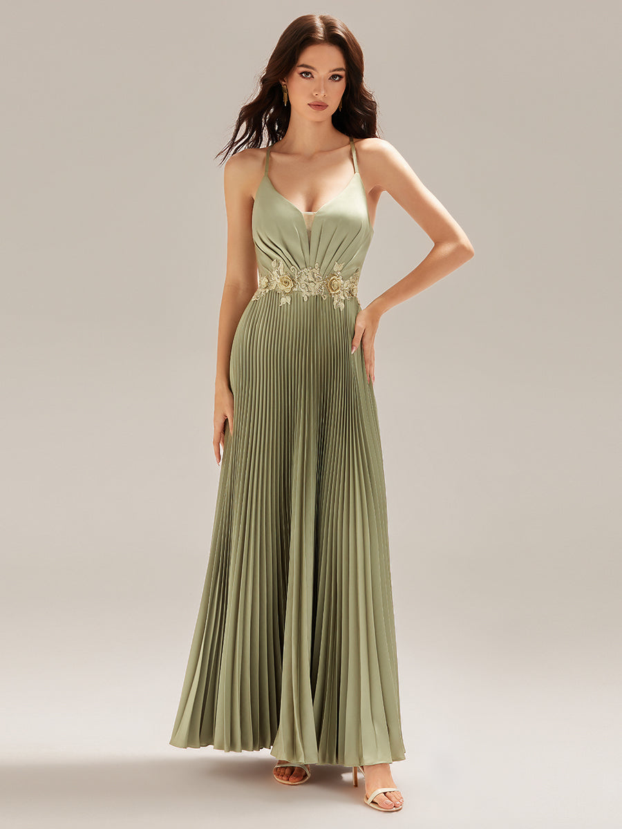 Applique Satin Sleeveless Evening Dress #color_Sage Green