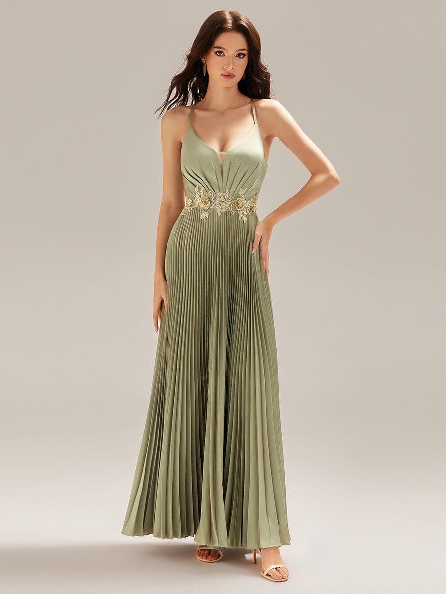 Applique Satin Sleeveless Evening Dress #color_Sage Green